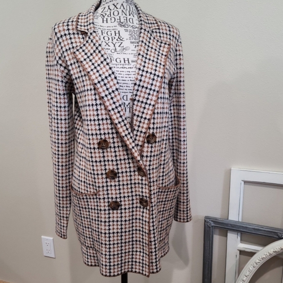 Marled Reunited Clothing Sweater Cardigan Blazer Womens SZ Sm. Navy Houndtooth - Picture 1 of 11